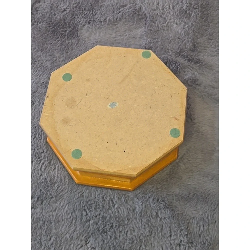 VTG Wooden Octagon Jewelry Box Floral Etched Glass Lid Mirror Inset Small 70s